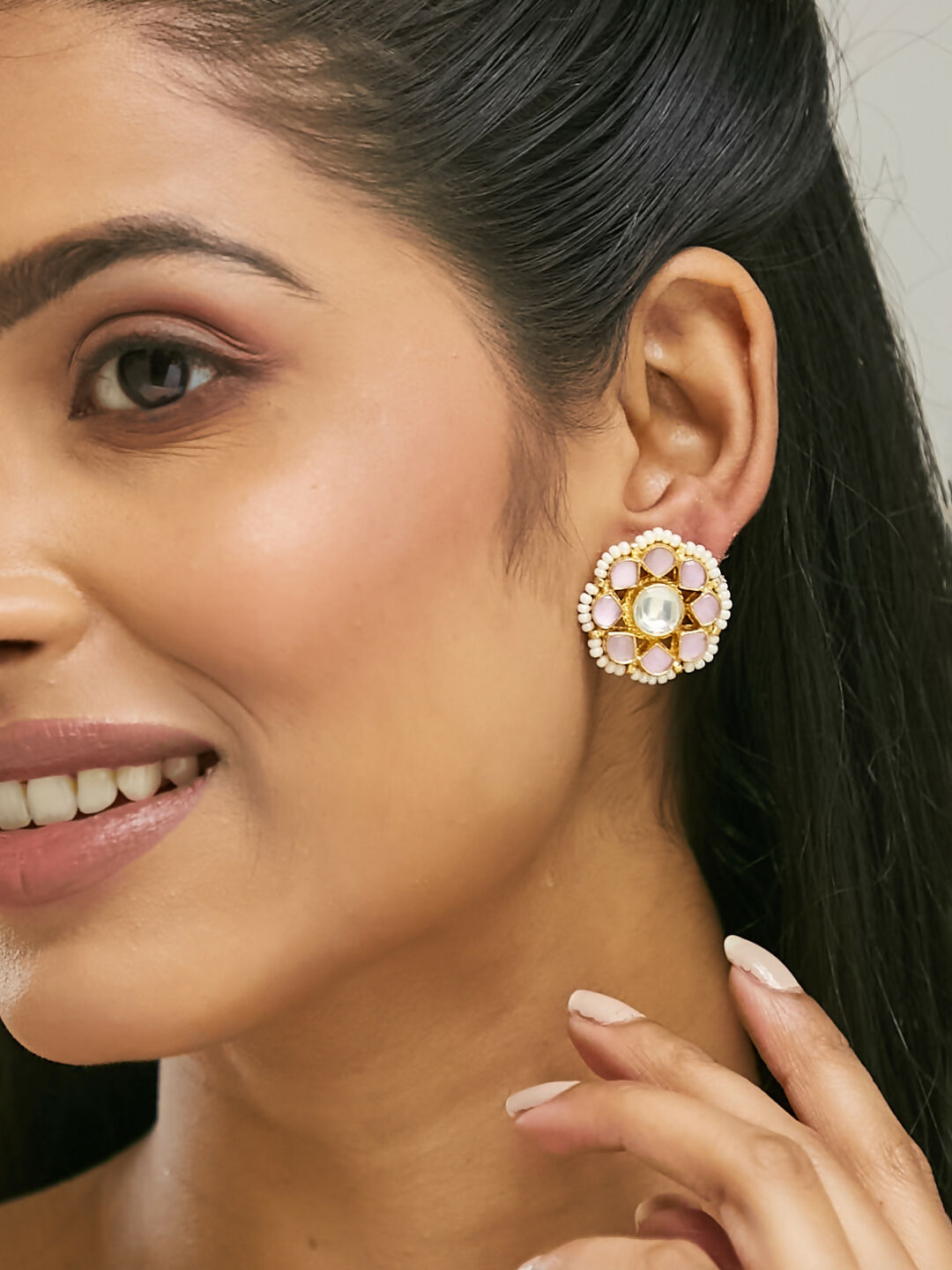 Nuyug 22K Gold-Plated Pink Kundan Studded & Beaded Floral Shaped Studs - Distacart