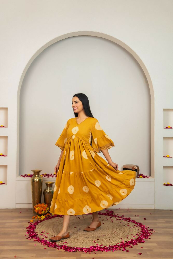 Joban Fashion Mustard Yellow Tie & Dye Cotton Dress - Distacart