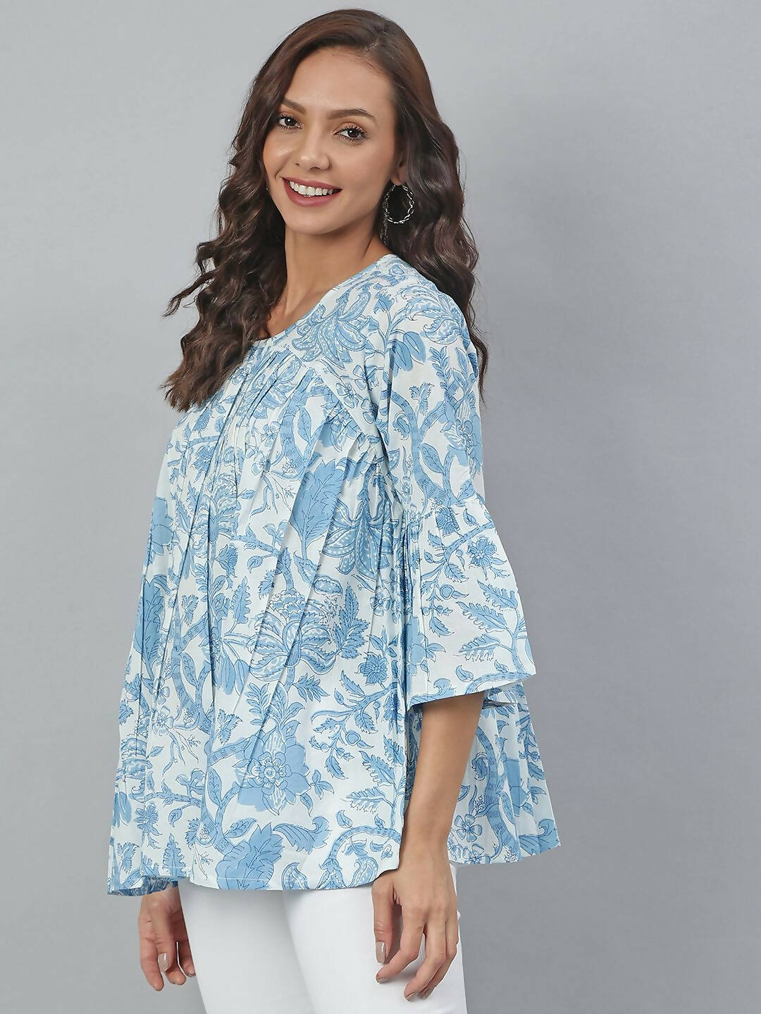 Janasya Women's White Cotton Floral Print Tiered Top - Distacart