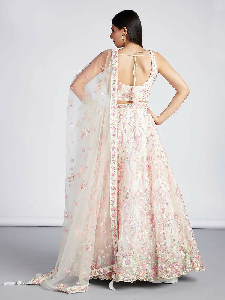 House of Panchhi Cream Net Sequins And Thread Embroidery Lehenga Choli & Dupatta