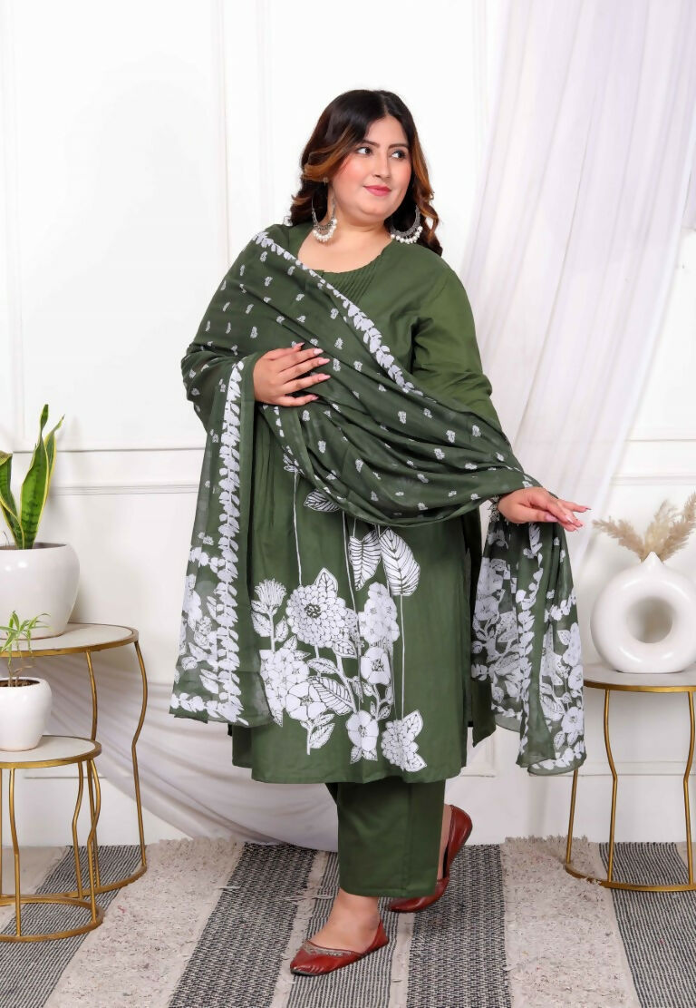 Miravan Women's Plus Size Mehandi Pintucks Floral Pattern Cotton Straight Kurta with Palazzo And Floral Dupatta Set