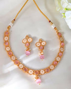 VOJ Gold Tone Pink Stone Studded Jewellery Set