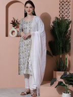 Jyoti Fashion Women's Off White Cotton Floral Digital Printed Kurta with Trouser & Dupatta