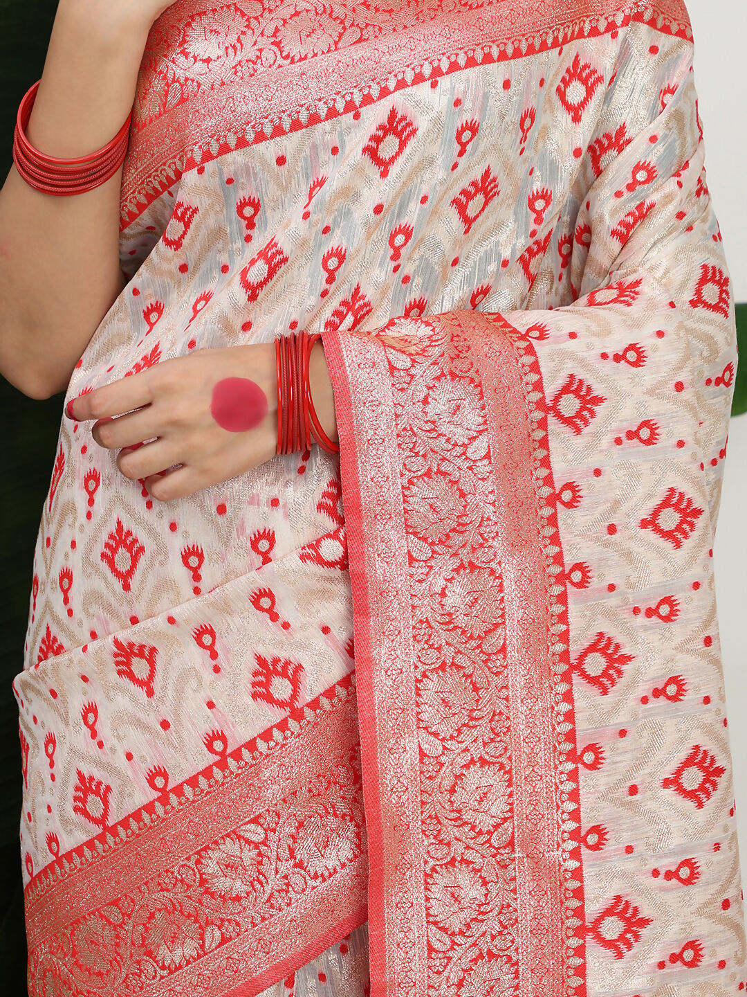 Shree Shyam Fashion Linen Cotton Red & White Saree - Distacart