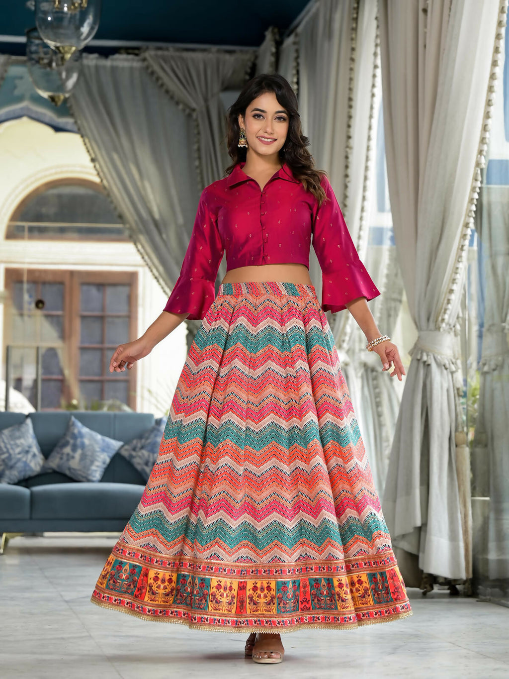 Juniper Women's Multi Ethnic Motif Printed Cotton Crop Top And Skirt With Lace & Button Detail