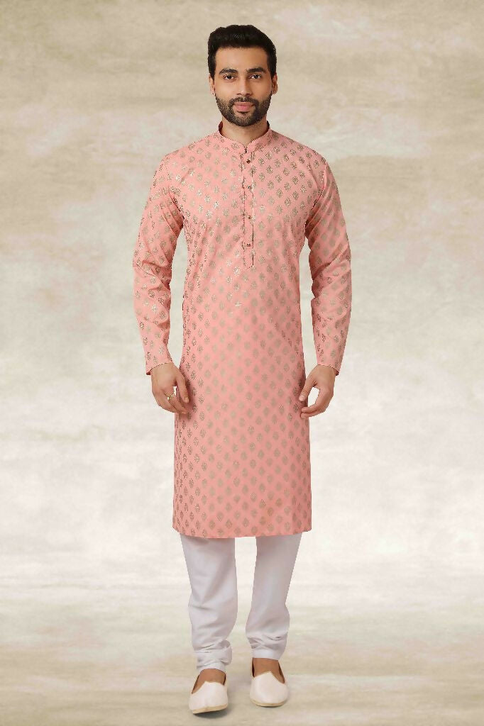 Raivat Ethnic Cotton Printed Work Kurta Pajama In Peach Colour
