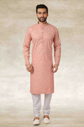 Raivat Ethnic Cotton Printed Work Kurta Pajama In Peach Colour