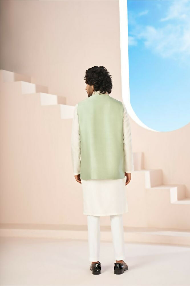 Olive Green Hand Embroidered Nehru Jacket by Hilo Design
