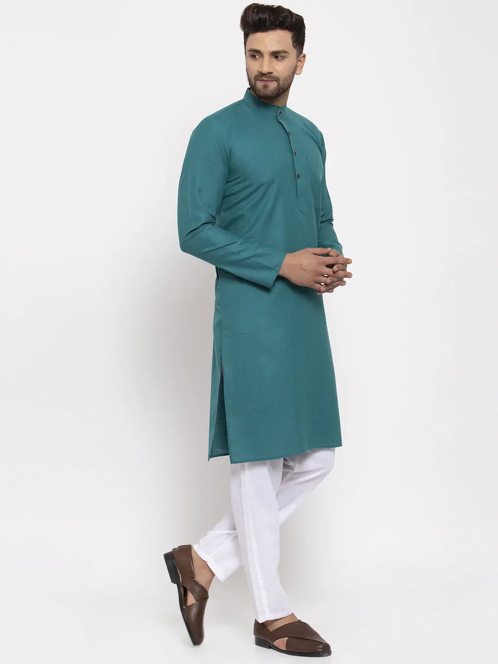 Jompers Men's Green & White Solid Kurta Only