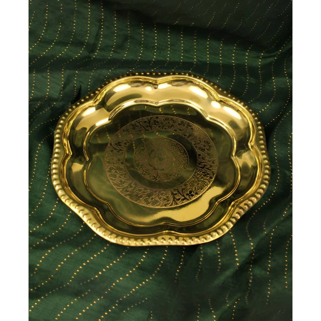 Spillbox Gold-Toned Brass Engraved Zig Zag Thali Pooja Essential