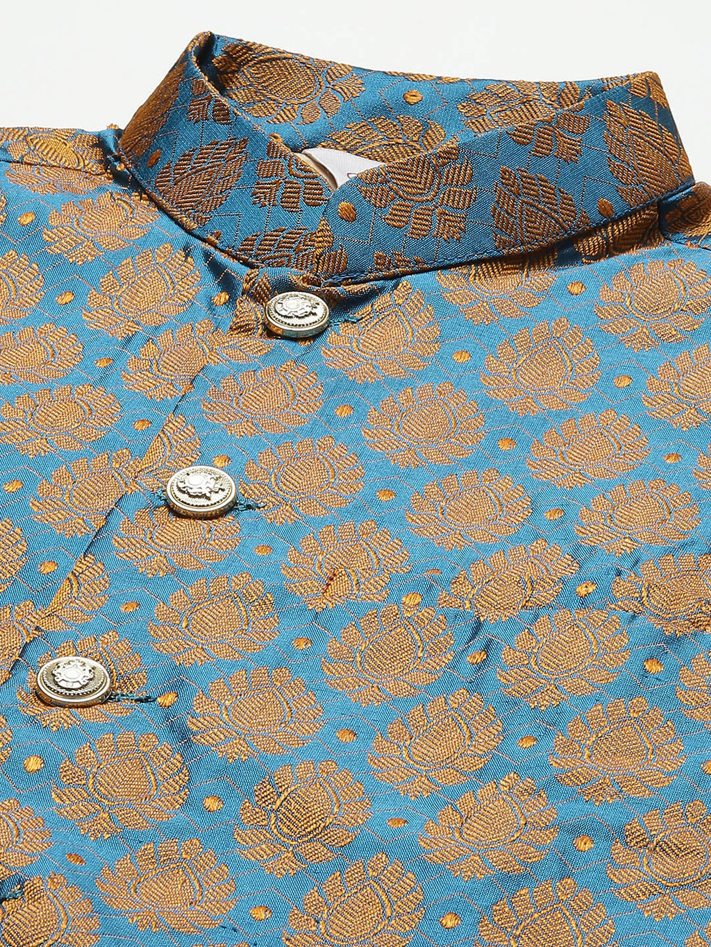 Jompers Men's Golden Dupion Silk Kurta with Churidar & Nehru Jacket ( Blue ) - Distacart