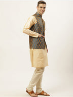 Jompers Men's Golden Dupion Silk Kurta with Churidar & Nehru Jacket ( Blue ) - Distacart