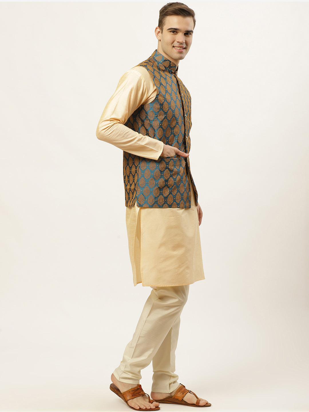 Jompers Men's Golden Dupion Silk Kurta with Churidar & Nehru Jacket ( Blue ) - Distacart