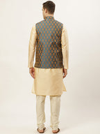 Jompers Men's Golden Dupion Silk Kurta with Churidar & Nehru Jacket ( Blue ) - Distacart