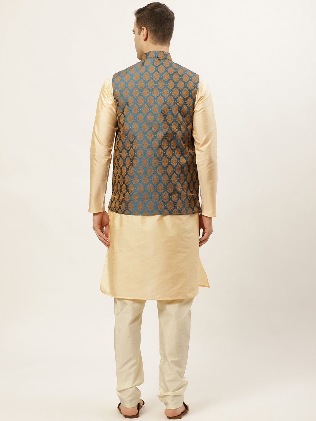 Jompers Men's Golden Dupion Silk Kurta with Churidar & Nehru Jacket ( Blue ) - Distacart