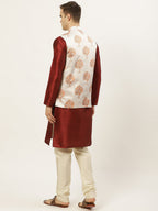 Jompers Men's Solid Dupion Kurta Pajama with Printed Nehru Jacket (White) - Distacart