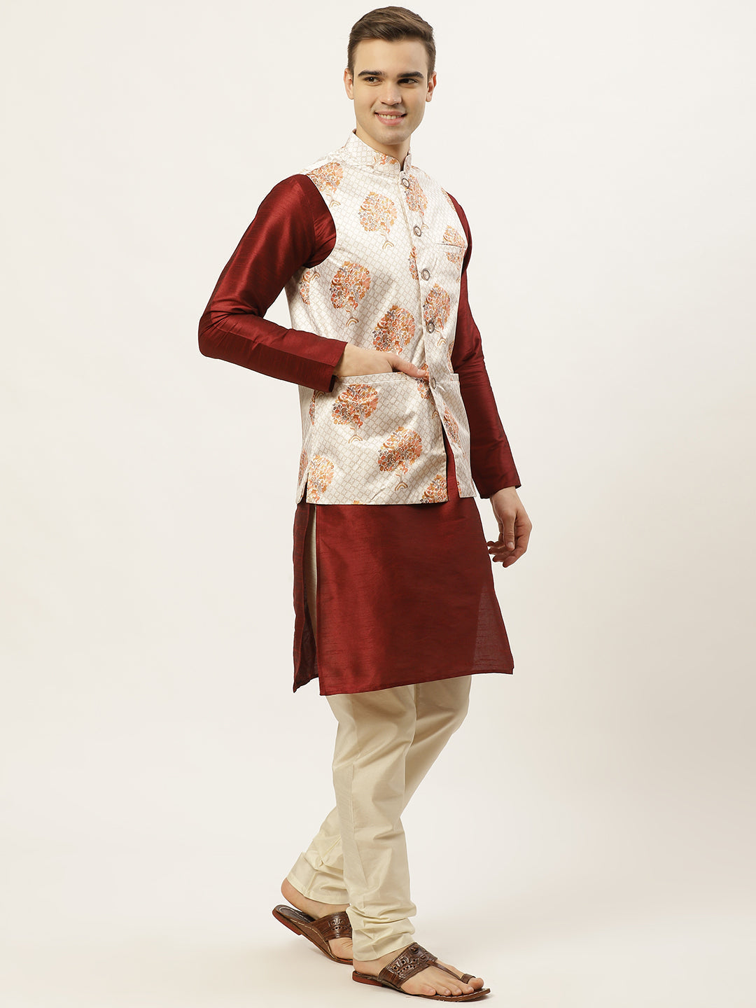 Jompers Men's Solid Dupion Kurta Pajama with Printed Nehru Jacket (White) - Distacart