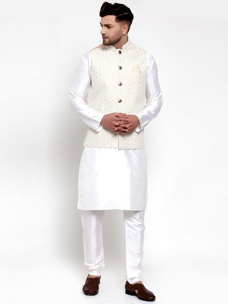 Jompers Men's Solid Dupion Kurta Pajama with Embroidered Nehru Jacket (Beige)
