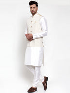 Jompers Men's Solid Dupion Kurta Pajama with Embroidered Nehru Jacket (Beige) - Distacart