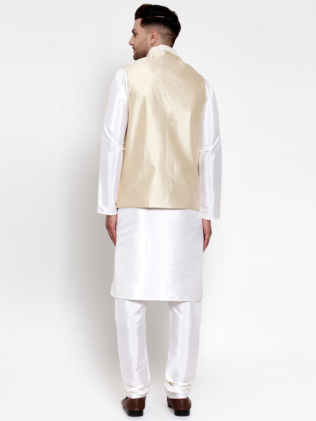 Jompers Men's Solid Dupion Kurta Pajama with Embroidered Nehru Jacket (Beige) - Distacart