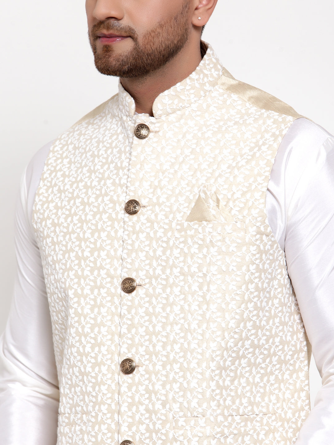 Jompers Men's Solid Dupion Kurta Pajama with Embroidered Nehru Jacket (Beige) - Distacart