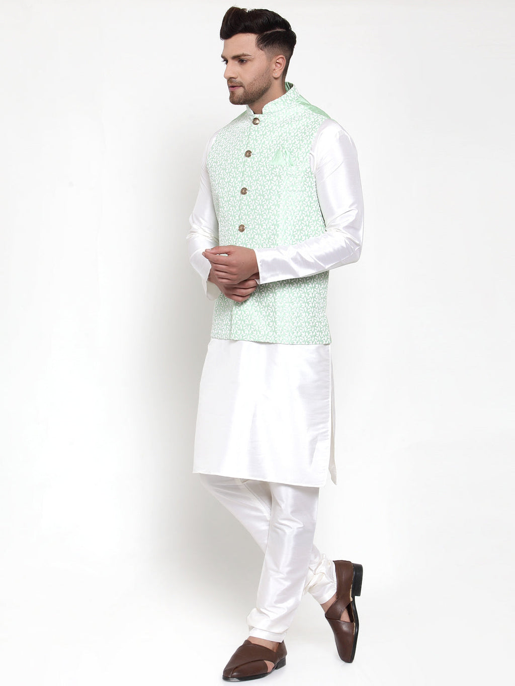 Jompers Men's Solid Dupion Kurta Pajama with Embroidered Nehru Jacket (Light-Green) - Distacart