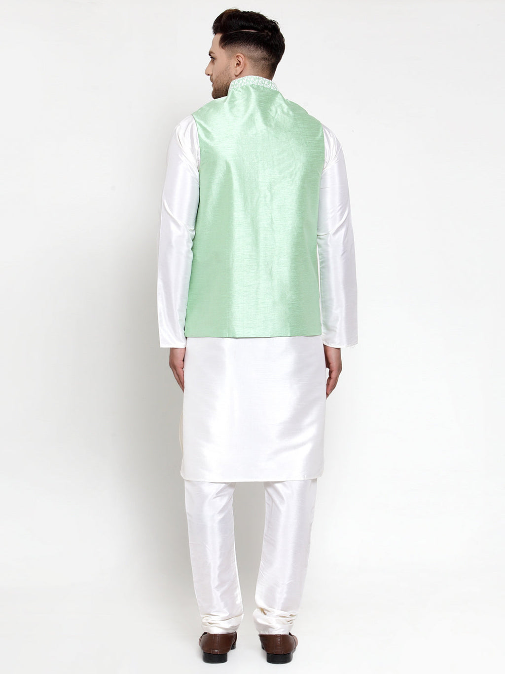 Jompers Men's Solid Dupion Kurta Pajama with Embroidered Nehru Jacket (Light-Green) - Distacart