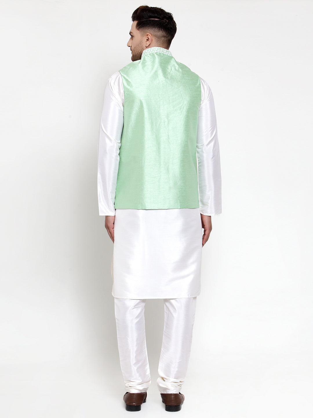 Jompers Men's Solid Dupion Kurta Pajama with Embroidered Nehru Jacket (Light-Green) - Distacart