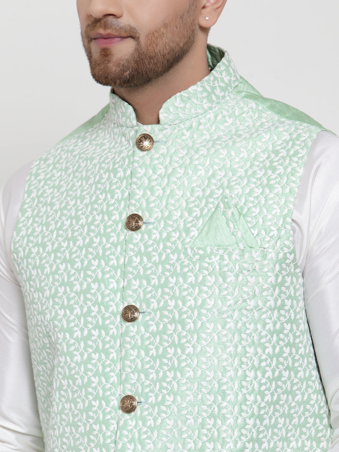 Jompers Men's Solid Dupion Kurta Pajama with Embroidered Nehru Jacket (Light-Green) - Distacart