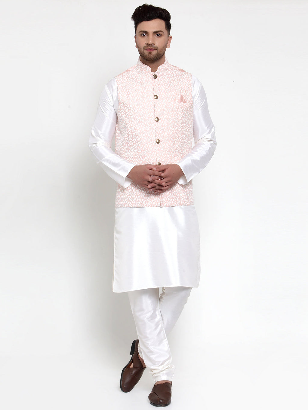 Jompers Men's Solid Dupion Kurta Pajama with Embroidered Nehru Jacket (Pink) - Distacart