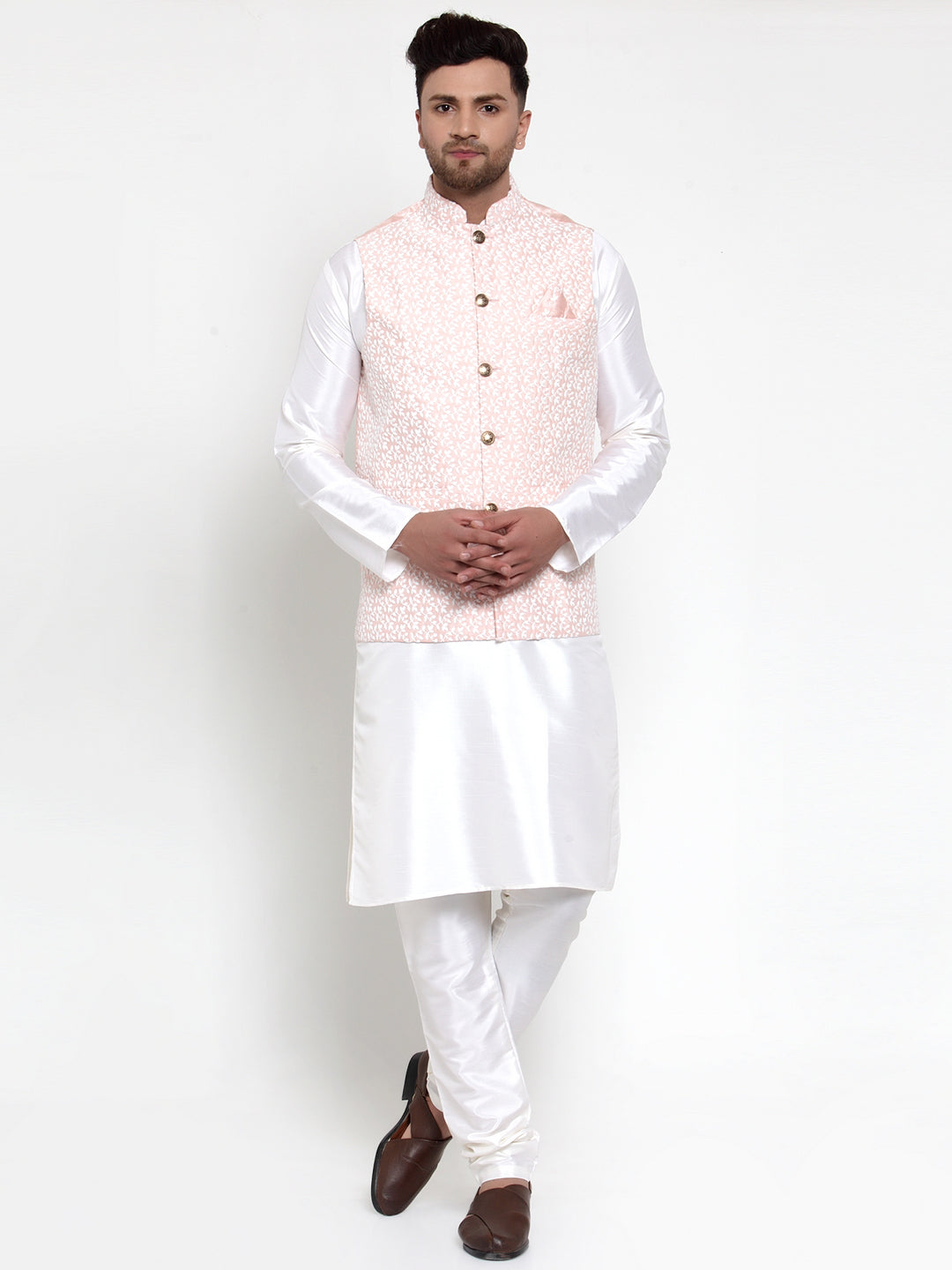 Jompers Men's Solid Dupion Kurta Pajama with Embroidered Nehru Jacket (Pink) - Distacart