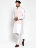 Jompers Men's Solid Dupion Kurta Pajama with Embroidered Nehru Jacket (Pink) - Distacart