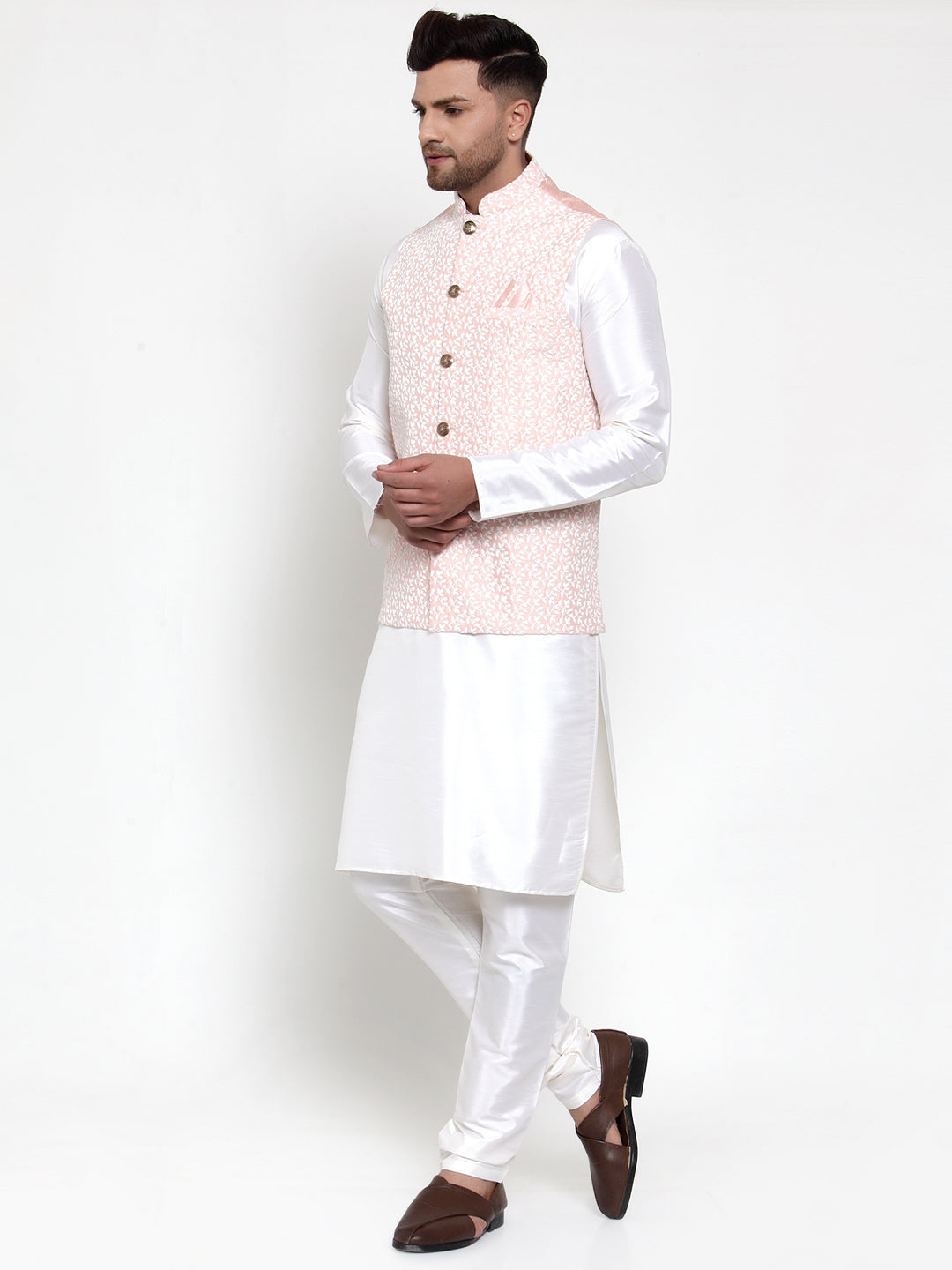 Jompers Men's Solid Dupion Kurta Pajama with Embroidered Nehru Jacket (Pink) - Distacart