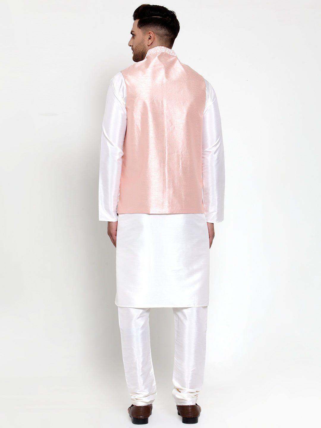 Jompers Men's Solid Dupion Kurta Pajama with Embroidered Nehru Jacket (Pink) - Distacart