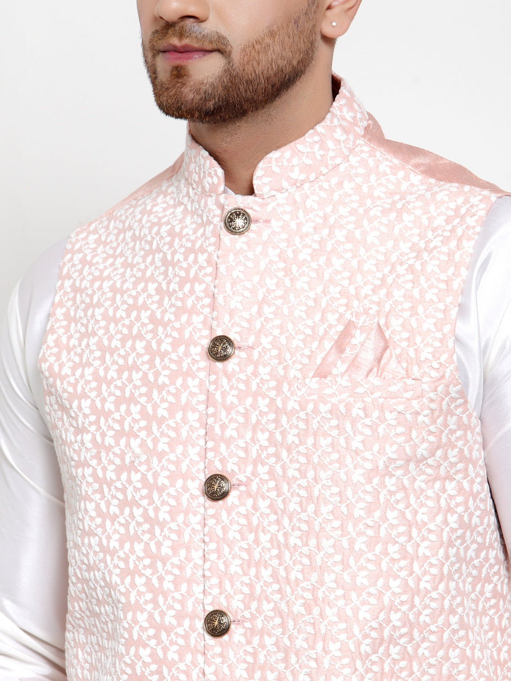 Jompers Men's Solid Dupion Kurta Pajama with Embroidered Nehru Jacket (Pink) - Distacart