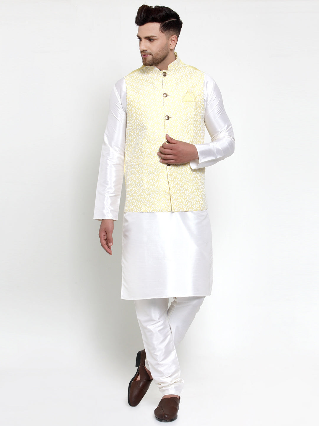 Jompers Men's Solid Dupion Kurta Pajama with Embroidered Nehru Jacket (Yellow) - Distacart