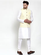 Jompers Men's Solid Dupion Kurta Pajama with Embroidered Nehru Jacket (Yellow) - Distacart