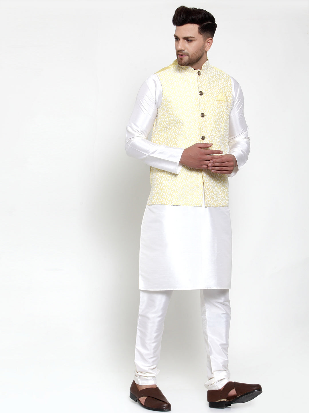 Jompers Men's Solid Dupion Kurta Pajama with Embroidered Nehru Jacket (Yellow) - Distacart