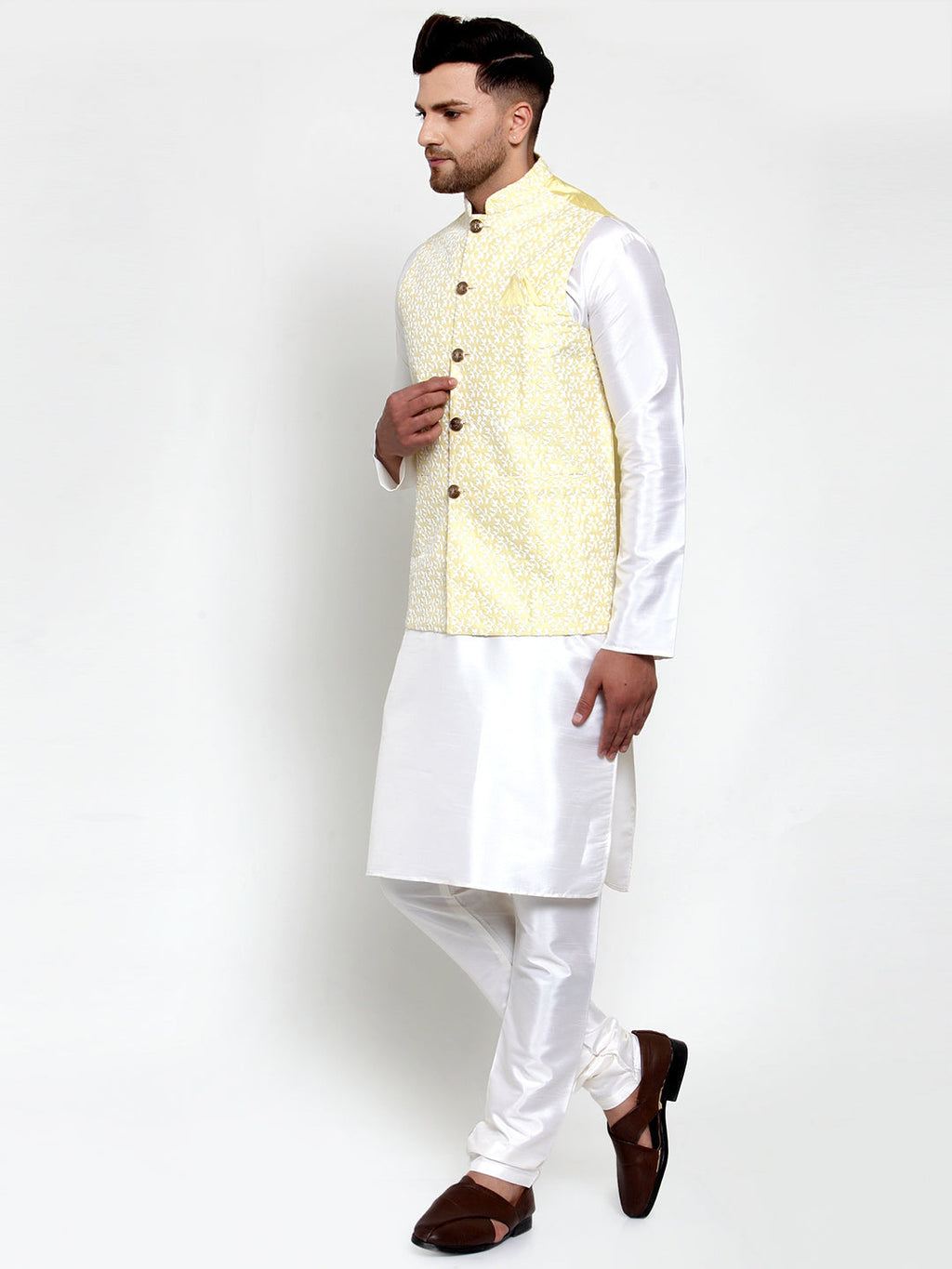 Jompers Men's Solid Dupion Kurta Pajama with Embroidered Nehru Jacket (Yellow) - Distacart