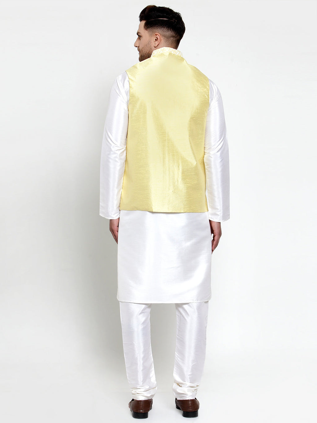 Jompers Men's Solid Dupion Kurta Pajama with Embroidered Nehru Jacket (Yellow) - Distacart