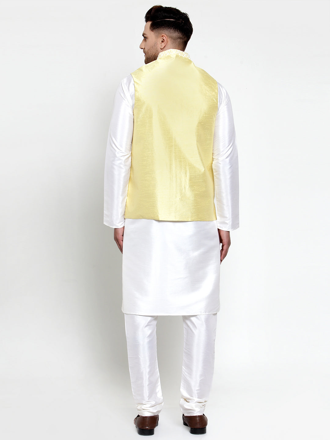 Jompers Men's Solid Dupion Kurta Pajama with Embroidered Nehru Jacket (Yellow) - Distacart
