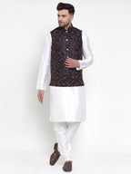 Jompers Men's Solid Dupion Kurta Pajama with Woven Nehru Jacket (Navy) - Distacart