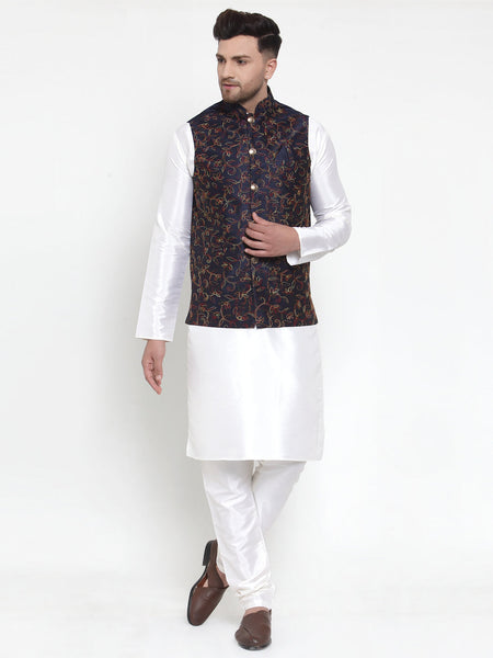 Jompers Men's Solid Dupion Kurta Pajama with Blue Nehru Jacket