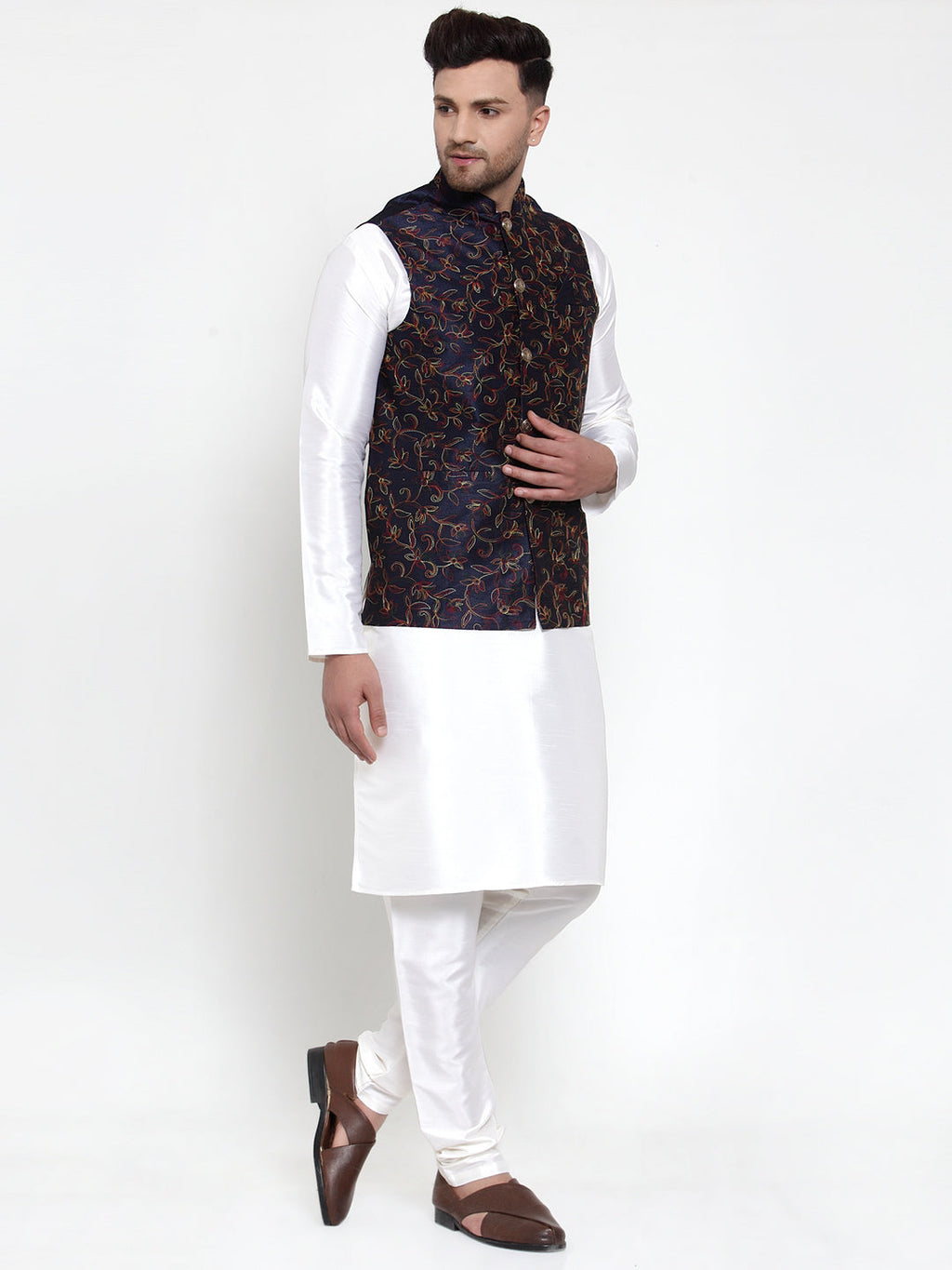 Jompers Men's Solid Dupion Kurta Pajama with Woven Nehru Jacket (Navy) - Distacart