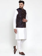 Jompers Men's Solid Dupion Kurta Pajama with Woven Nehru Jacket (Navy) - Distacart