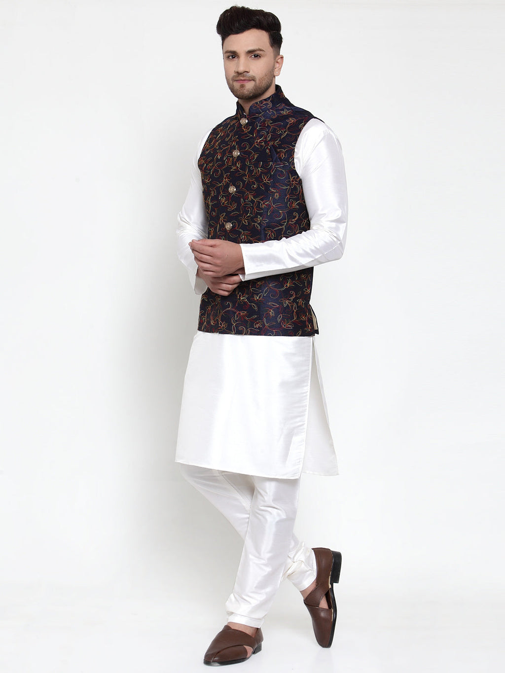 Jompers Men's Solid Dupion Kurta Pajama with Woven Nehru Jacket (Navy) - Distacart