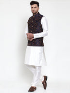 Jompers Men's Solid Dupion Kurta Pajama with Woven Nehru Jacket (Navy) - Distacart