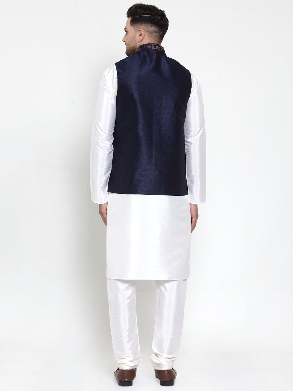 Jompers Men's Solid Dupion Kurta Pajama with Woven Nehru Jacket (Navy) - Distacart