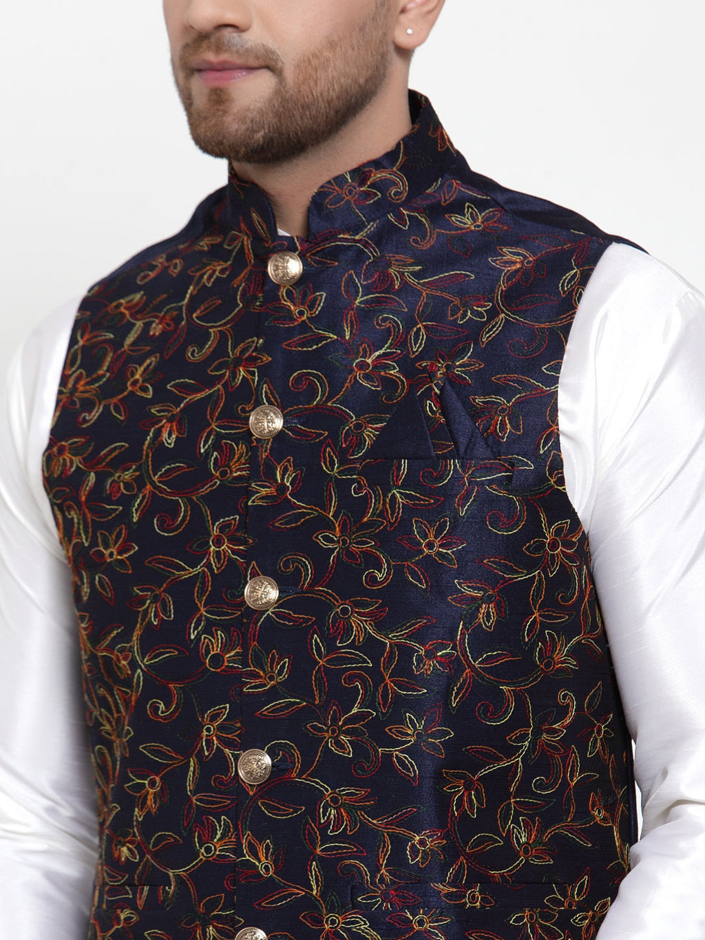 Jompers Men's Solid Dupion Kurta Pajama with Woven Nehru Jacket (Navy) - Distacart
