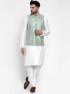 Jompers Men's Solid Dupion Kurta Pajama with Woven Nehru Jacket (Sky) - Distacart